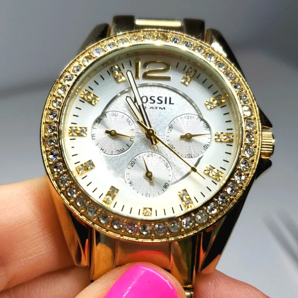 Fossil Watch ES2421 Gold Steel  Wristband Crystal Bezel White Face Multi